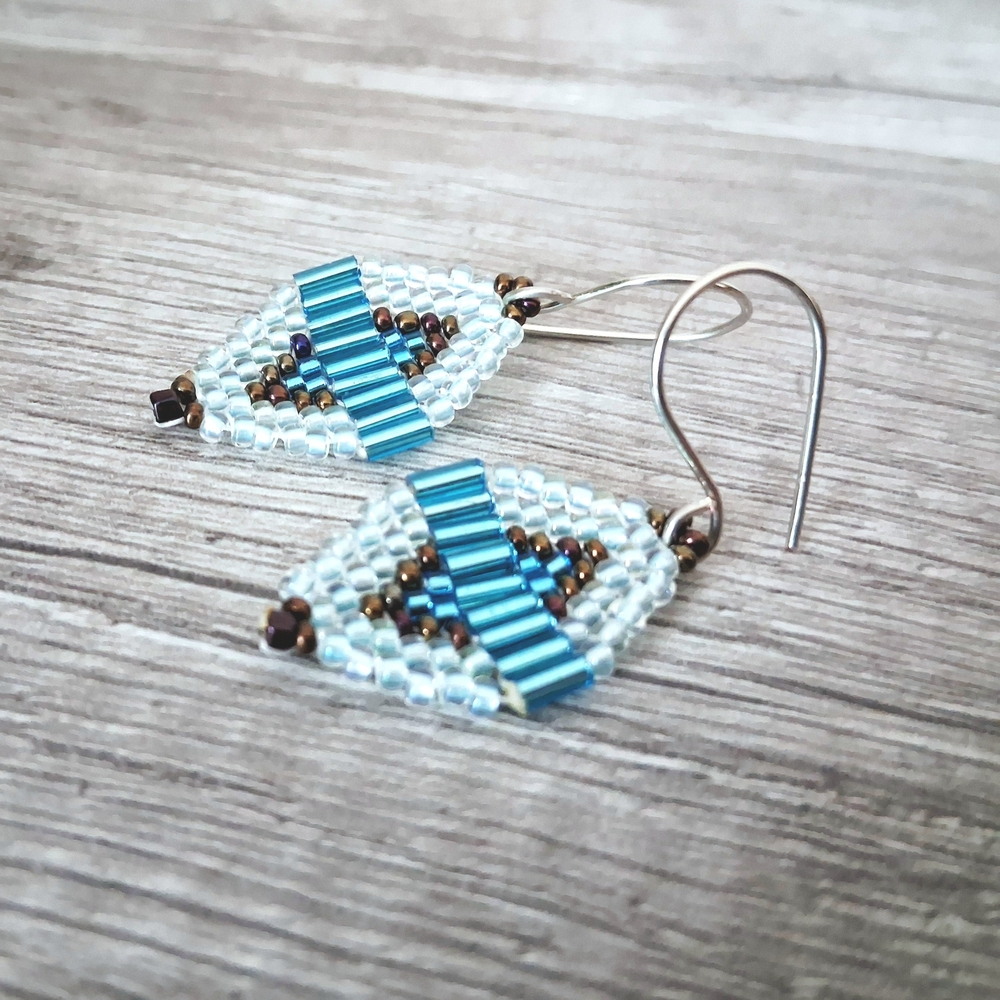 Chic Blue and Bronze Beaded Earrings, Seed Bead Jewelry, 1.5"